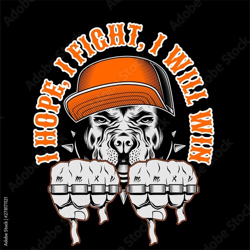 dog wearing cap and Brass Knuckle Fist with quote fight vector