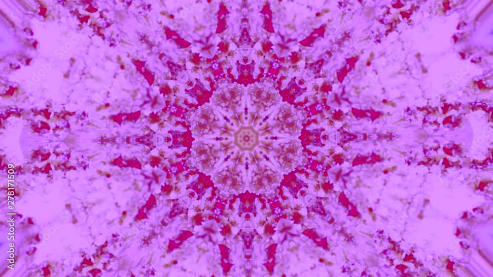 video de mandala con patron de repeticion de varios movimientos cambiantes en colores purpura y rosa 
