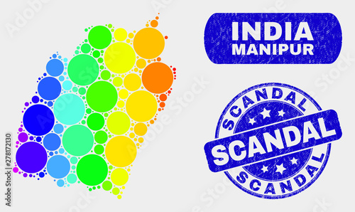 Spectrum spotted Manipur State map and watermarks. Blue round Scandal grunge seal stamp. Gradient spectrum Manipur State map mosaic of random circle elements. Scandal seal stamp with rubber texture.