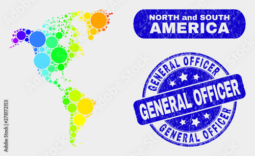 Rainbow colored spotted South and North America map and seal stamps. Blue rounded General Officer grunge seal stamp.