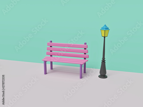 Bench with Street Lamp. minimal outdoor relaxation concept. 3d rendering