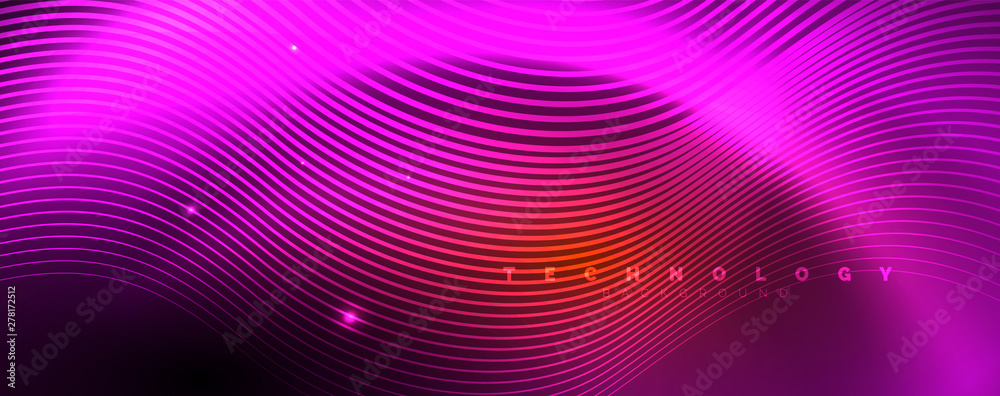 Bright neon circles and wave lines, glowing shiny background design template, digital techno concept. Bright neon circles and wave lines, glowing shiny background design template, digital techno concept.