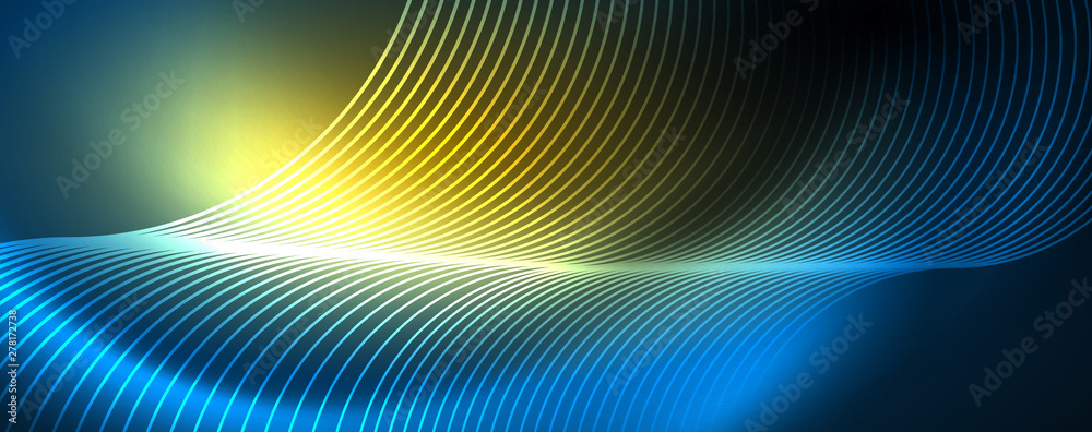 Trendy neon blue abstract design with waves and circles. Neon light glowing effect. Abstract digital background. Trendy neon blue abstract design with waves and circles. Neon light glowing effect. Abstract digital background.