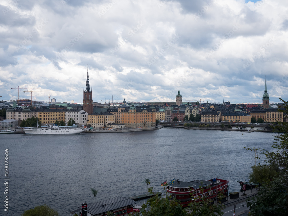 Stockholm. The view of Old Town (Gamla Stan) on summer cloudy day. Panoramic view of the old part of city Stockholm, Sweden. 