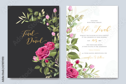 wedding invitation card with floral and leaves frame template