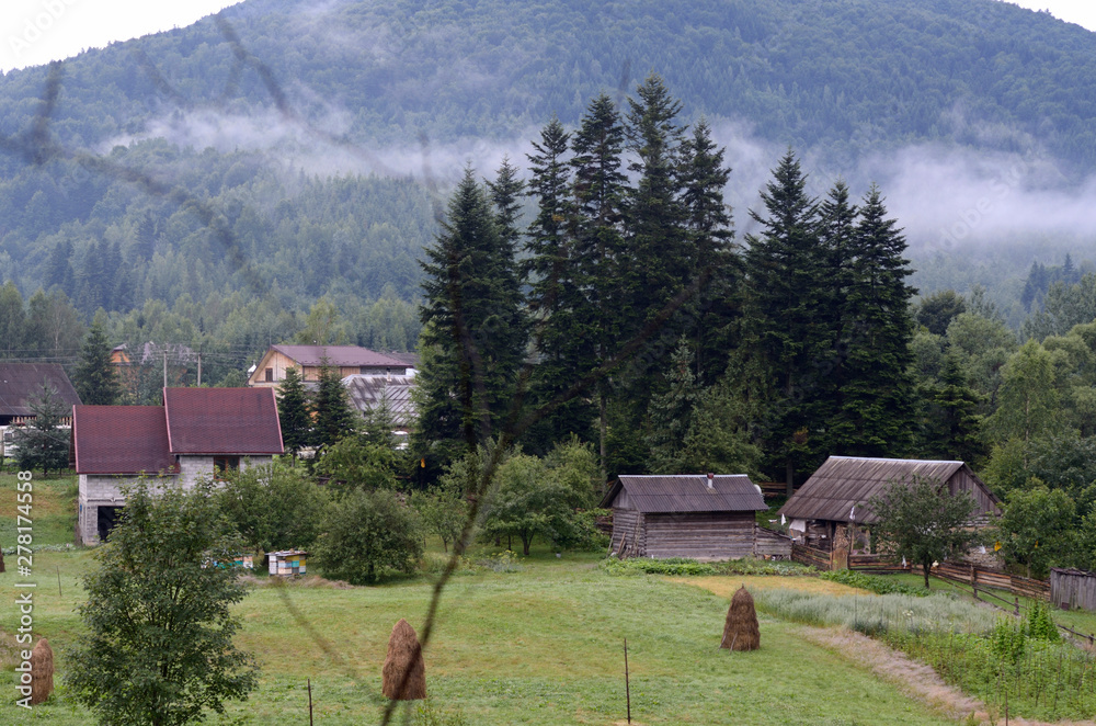 View of the Carpathian village: country houses, lawn and mountains