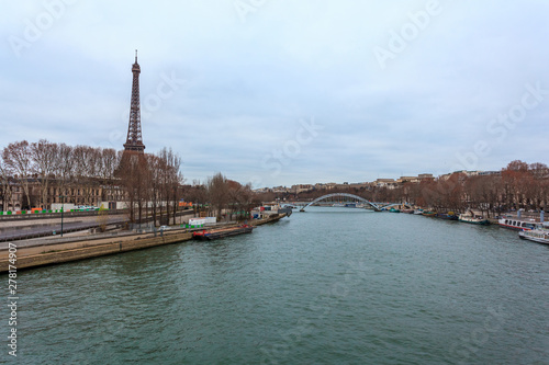 View of Eiffel Tower and sienna river in Paris, France