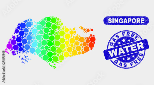 Rainbow colored dotted Singapore map and seal stamps. Blue rounded Gas Free Water textured seal. Gradient rainbow colored Singapore map mosaic of random round dots.