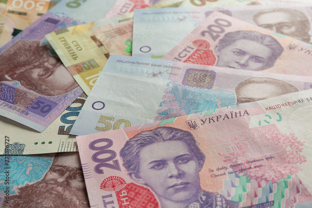 Obraz premium Different banknotes of Ukrainian money, closeup. National currency