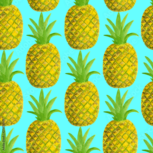 Watercolor pineapple seamless pattern. Hand drawn tropical fruits illustration isolated on blue background. Design for textile, menu, cards, scrapbooking, food packaging, wrapping.