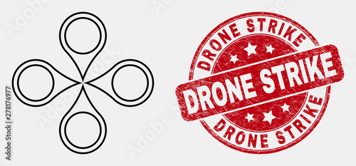 Vector line quadrocopter pictogram and Drone Strike watermark. Blue rounded grunge watermark with Drone Strike text. Black isolated quadrocopter pictogram in stroke style.