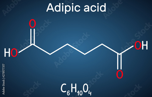 Adipic acid or hexanedioic, dicarboxylic acid molecule. It is food additive E355, also is used as precursor for the production of nylon photo