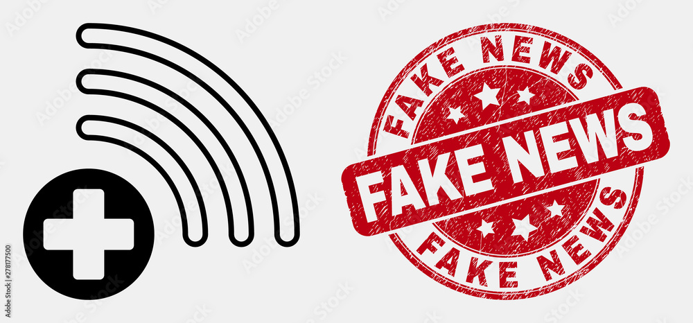 Vector stroke medical source icon and Fake News stamp. Blue rounded scratched seal stamp with Fake News text. Black isolated medical source icon in line style. Vector stroke medical source icon and Fake News stamp. Blue rounded scratched seal stamp with Fake News text. Black isolated medical source icon in line style.