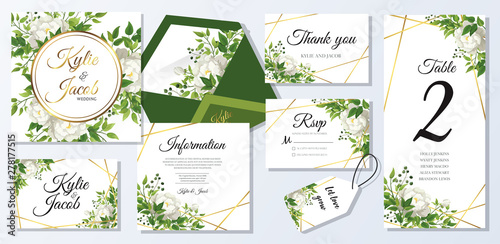 Wedding set. Floral white roses with green fern leaves, foliage greenery decorative gold frame print. Vector elegant cute rustic.