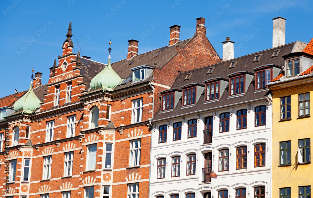 Copenhagen, Denmark - June 23, 2019: old house facades in Copenhagen