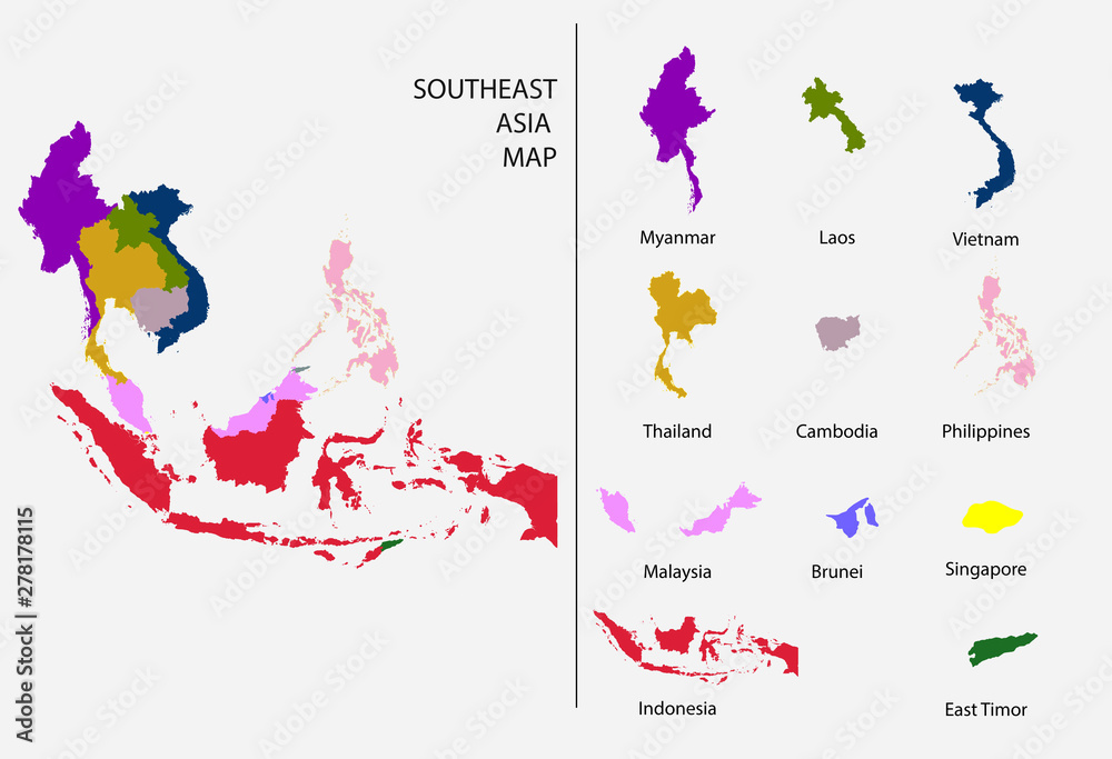 Southeast Asia map graphic vector - Separated isolated country map for