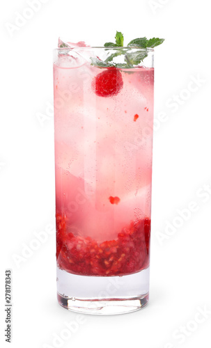 Glass of raspberry refreshing drink with ice cubes and mint on white background