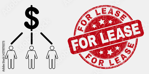 Vector outline dollar managers links icon and For Lease seal. Blue round scratched seal with For Lease message. Black isolated dollar managers links pictogram in outline style.