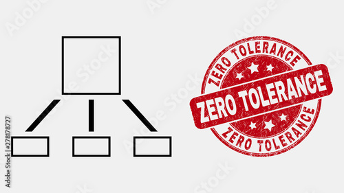 Vector outline hierarchy icon and Zero Tolerance seal stamp. Blue round grunge stamp with Zero Tolerance phrase. Black isolated hierarchy icon in outline style.