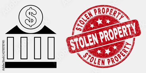Vector linear dollar bank icon and Stolen Property seal stamp. Blue rounded textured seal stamp with Stolen Property message. Black isolated dollar bank icon in stroke style.