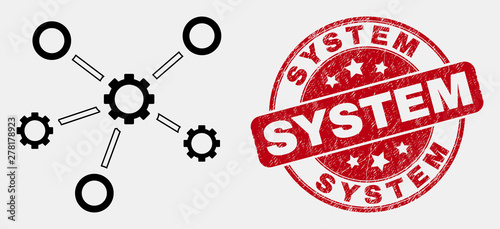 Vector stroke gear links pictogram and System seal stamp. Blue rounded distress seal stamp with System message. Black isolated gear links symbol in stroke style.