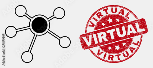 Vector line links pictogram and Virtual stamp. Blue round grunge stamp with Virtual phrase. Black isolated links pictogram in line style.