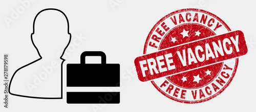 Vector contour person case pictogram and Free Vacancy seal stamp. Blue round textured stamp with Free Vacancy caption. Black isolated person case pictogram in contour style.