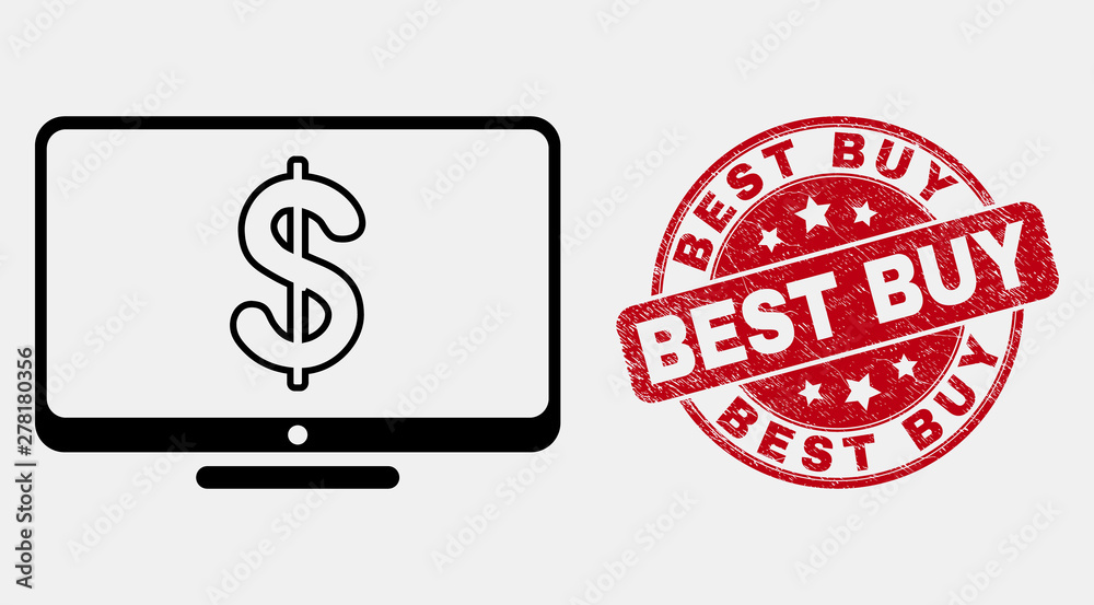 Vector line financial display pictogram and Best Buy seal. Blue rounded textured seal stamp with Best Buy caption. Black isolated financial display pictogram in line style. Vector line financial display pictogram and Best Buy seal. Blue rounded textured seal stamp with Best Buy caption. Black isolated financial display pictogram in line style.