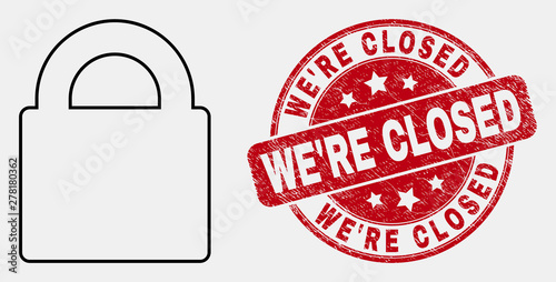 Vector contour lock pictogram and We'Re Closed seal. Blue round textured seal with We'Re Closed caption. Black isolated lock pictogram in contour style.