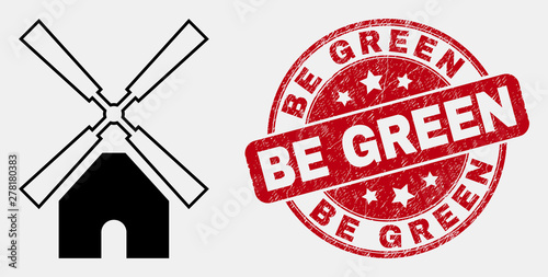 Vector stroke windmill icon and Be Green stamp. Blue round scratched seal stamp with Be Green phrase. Black isolated windmill icon in stroke style.