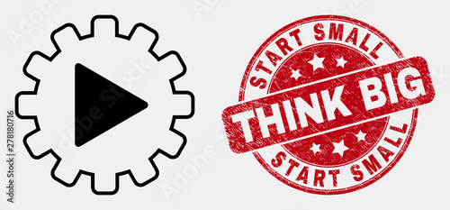 Vector contour start gear automation icon and Start Small Think Big stamp. Blue round textured seal stamp with Start Small Think Big phrase.