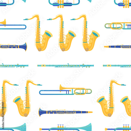 Brass and woodwind instruments flat vector seamless pattern