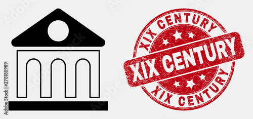 Vector linear library building pictogram and XIX Century seal stamp. Blue round grunge seal stamp with XIX Century title. Black isolated library building pictogram in linear style.