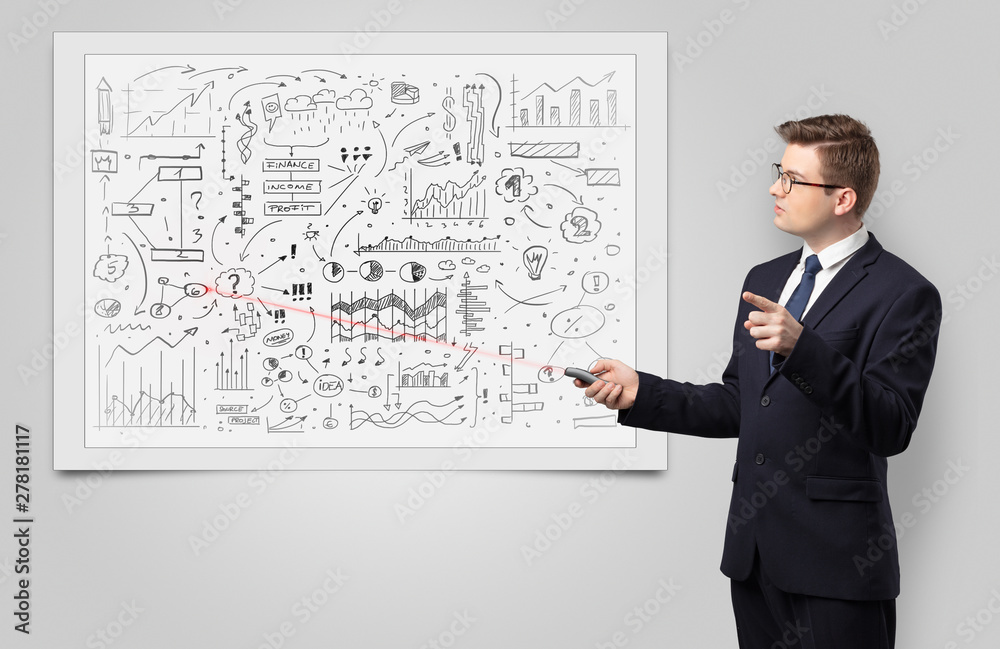 Professor with laser pointer teaching business theories Professor with laser pointer teaching business theories