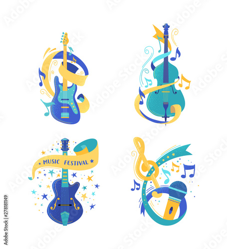String musical instruments and microphone illustrations set