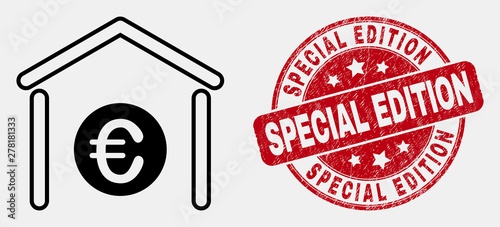 Vector outline euro bank pictogram and Special Edition seal. Blue round grunge seal with Special Edition title. Black isolated euro bank pictogram in outline style.