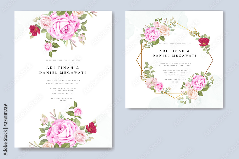 wedding invitation card with floral and leaves frame template