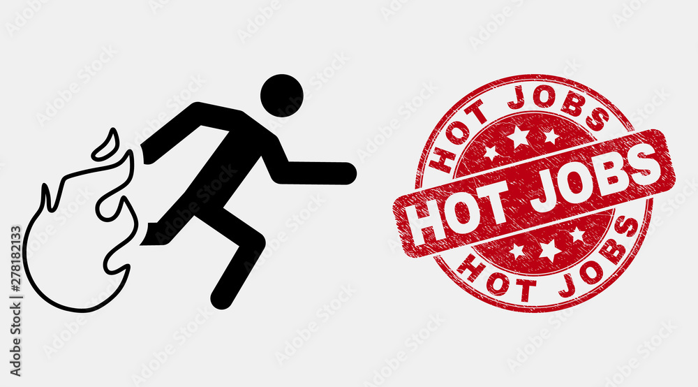 Vector linear person running away from fire pictogram and Hot Jobs seal stamp. Blue round textured seal stamp with Hot Jobs message. Black isolated person running away from fire icon in linear style. Vector linear person running away from fire pictogram and Hot Jobs seal stamp. Blue round textured seal stamp with Hot Jobs message. Black isolated person running away from fire icon in linear style.