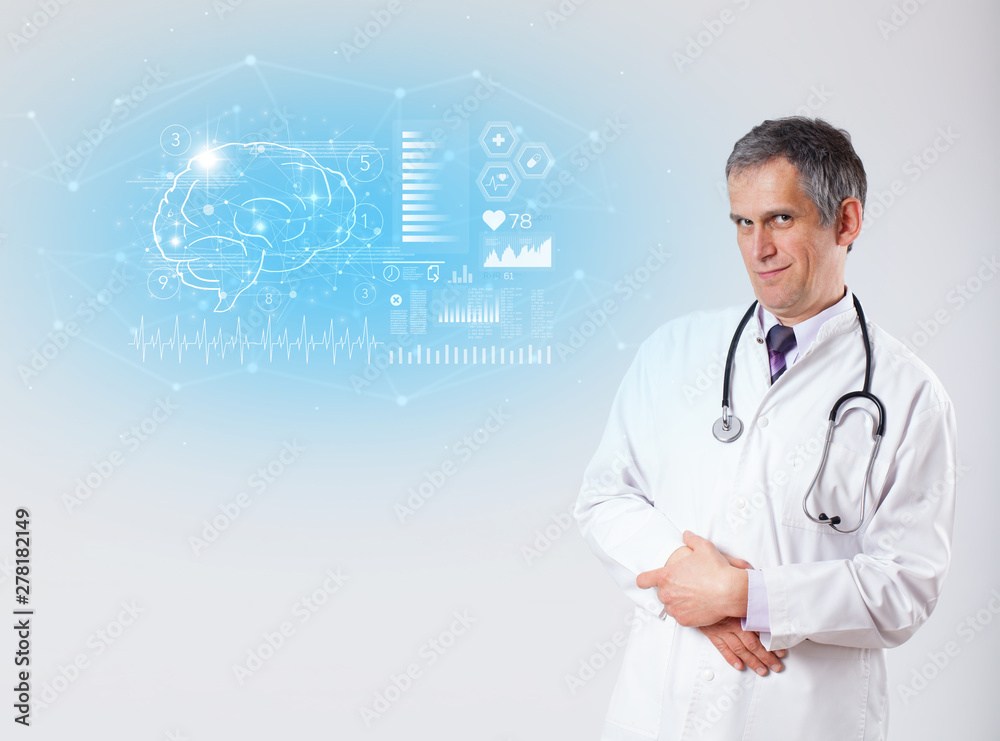 Middle aged neurologist showing the test result Middle aged neurologist showing the test result