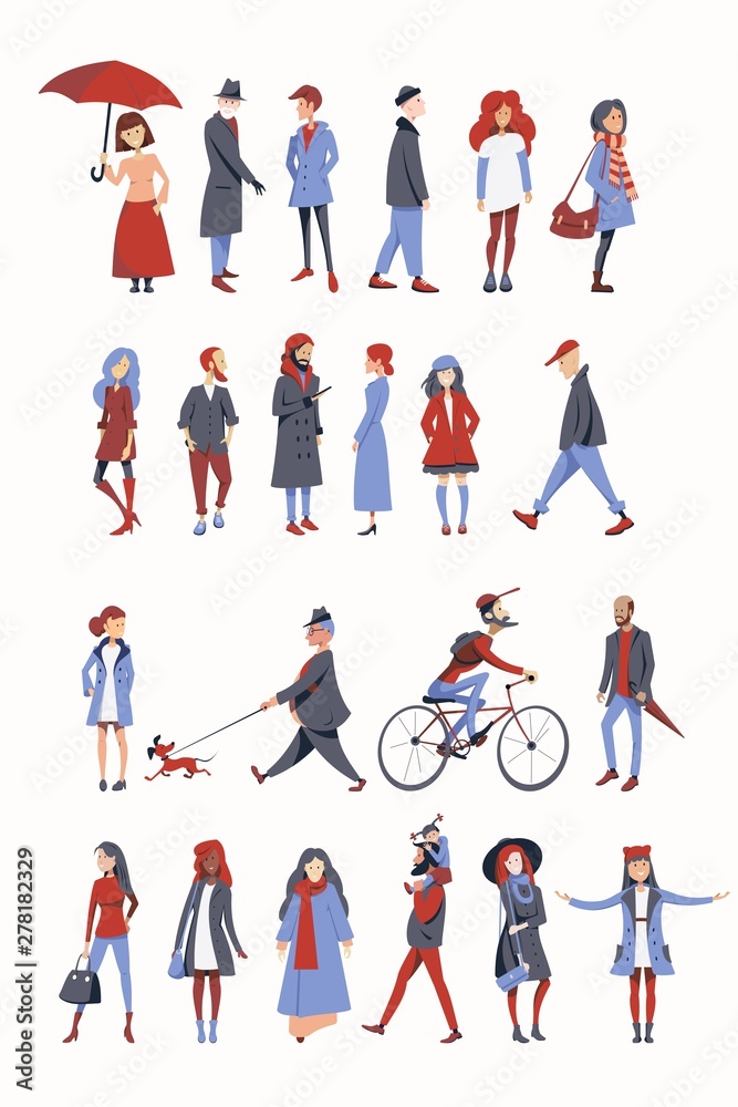 A crowd of people dressed in autumn clothes or outerwear are standing, walking, walking with a child and riding a bicycle, walking with animals. Flat character