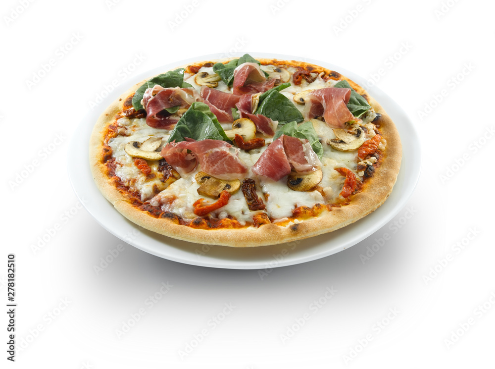Ham and cheese pizza with mushrooms and ham. Pizza de jamón y queso con champiñones y jamón Ham and cheese pizza with mushrooms and ham. Pizza de jamón y queso con champiñones y jamón