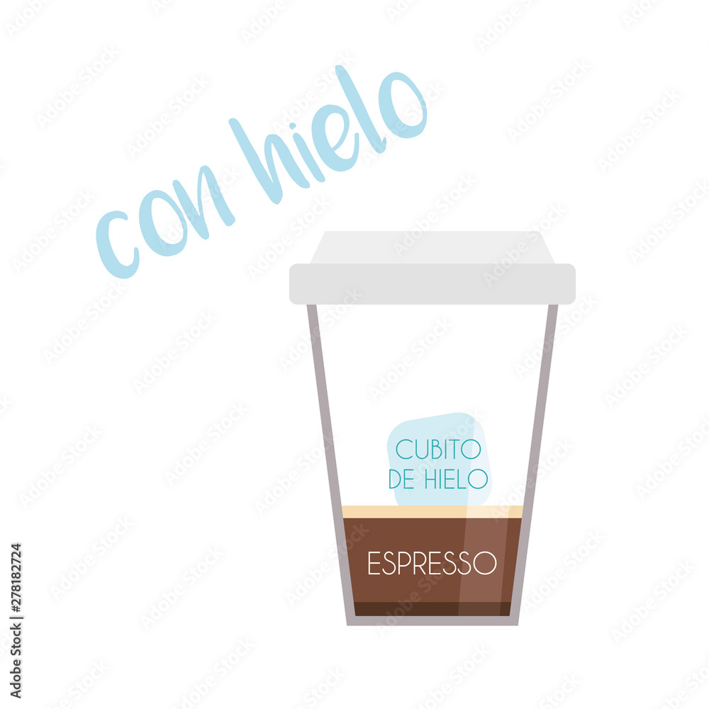 Vector illustration of an Espresso with ice coffee cup icon with its preparation and proportions and names in spanish. Vector illustration of an Espresso with ice coffee cup icon with its preparation and proportions and names in spanish.