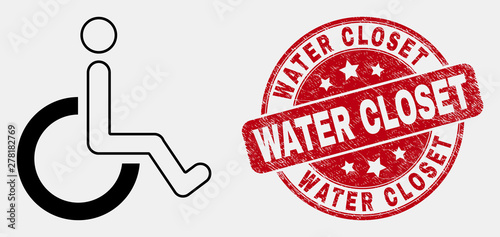 Vector outline wheelchair icon and Water Closet seal stamp. Blue round distress seal stamp with Water Closet message. Black isolated wheelchair icon in stroke style.