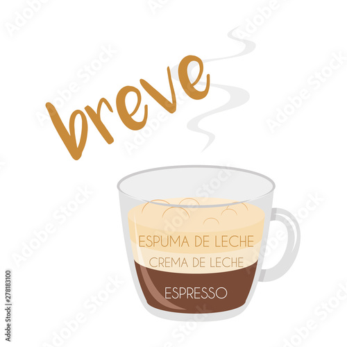 Vector illustration of a Breve coffee cup icon with its preparation and proportions and names in spanish.