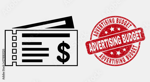 Vector linear dollar cheques icon and Advertising Budget seal stamp. Blue round scratched seal stamp with Advertising Budget message. Black isolated dollar cheques icon in contour style.