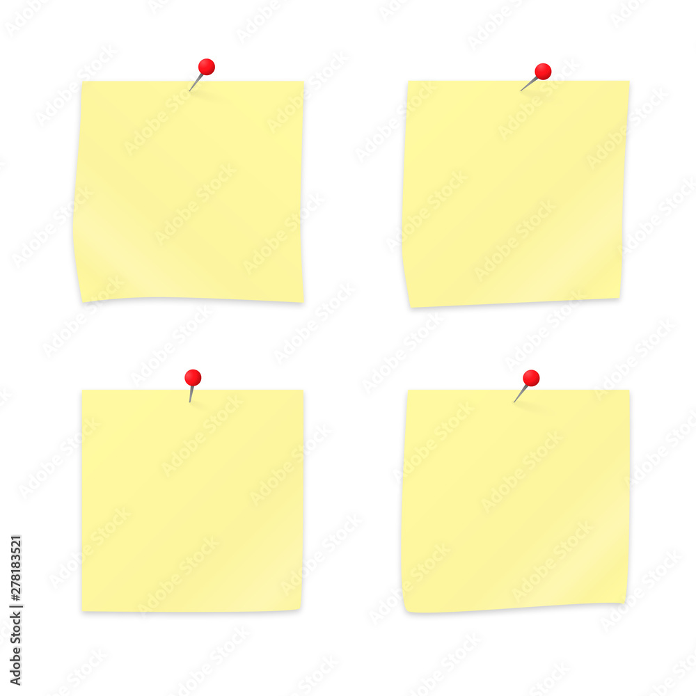 Set of 4 Yellow sticky notes paper clipping with red push pins. Empty stickers and pushpins isolated on white. Stationery vector illustration. Easy to edit template for your design projects. Set of 4 Yellow sticky notes paper clipping with red push pins. Empty stickers and pushpins isolated on white. Stationery vector illustration. Easy to edit template for your design projects.