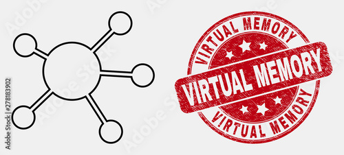 Vector contour node links pictogram and Virtual Memory stamp. Blue rounded distress seal stamp with Virtual Memory phrase. Black isolated node links pictogram in contour style.