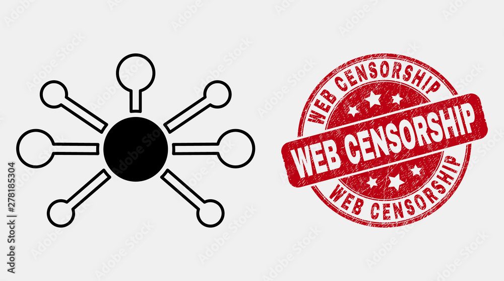 Vector line node links pictogram and Web Censorship stamp. Blue rounded distress seal stamp with Web Censorship message. Black isolated node links pictogram in line style. Vector line node links pictogram and Web Censorship stamp. Blue rounded distress seal stamp with Web Censorship message. Black isolated node links pictogram in line style.