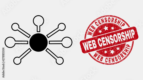 Vector line node links pictogram and Web Censorship stamp. Blue rounded distress seal stamp with Web Censorship message. Black isolated node links pictogram in line style.