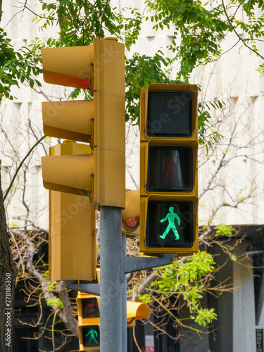 Green traffic light at a pedestrian crossing. Barcelona, Spain.